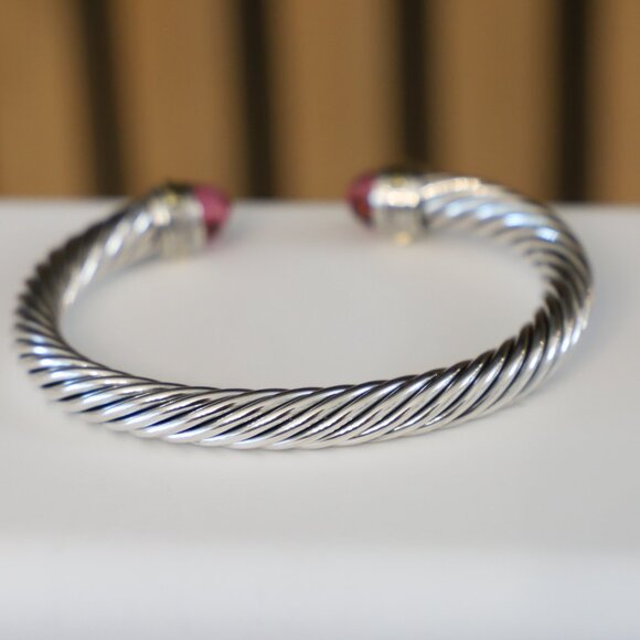David Yurman Sterling Silver 7mm Cable Bracelet Tourmaline 14k Gold size Medium - Picture 5 of 6